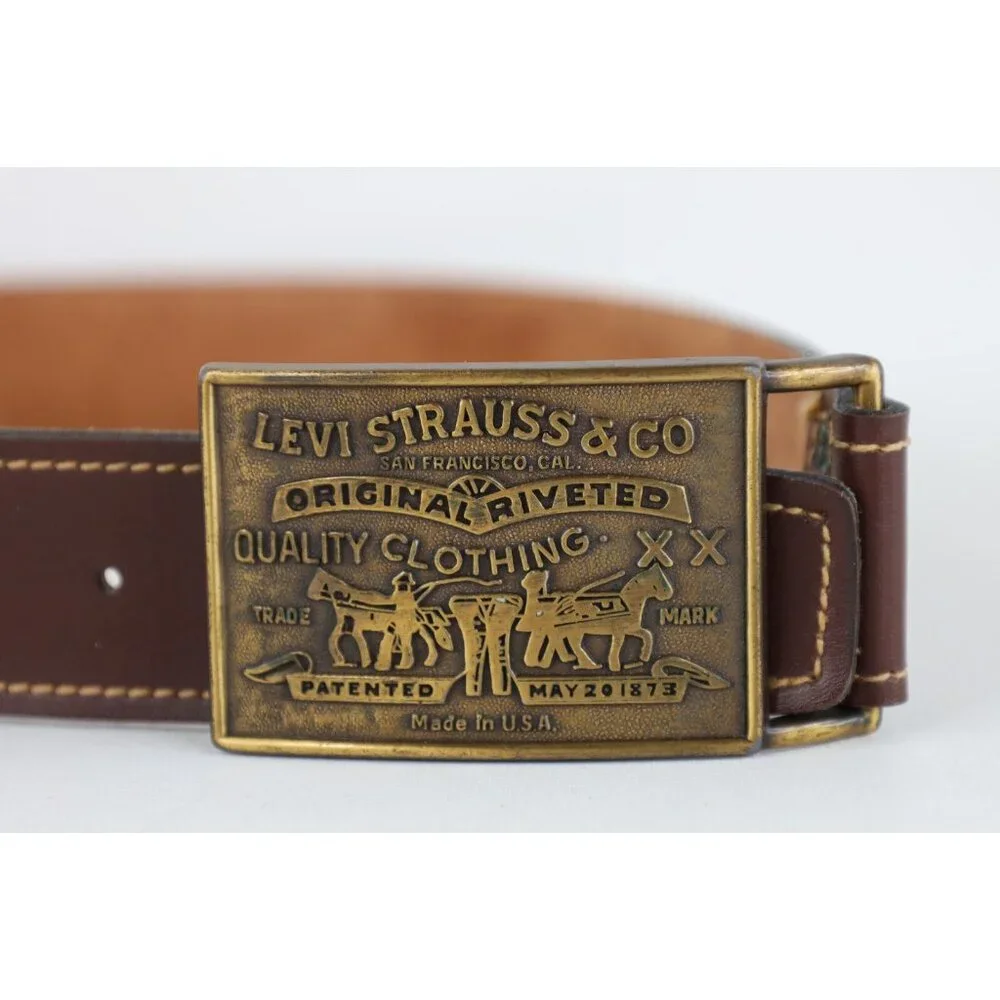 Vtg 70s 80s Levis Brass Buckle Leather Belt Waist Pants Belt Brown Boys 24 USA